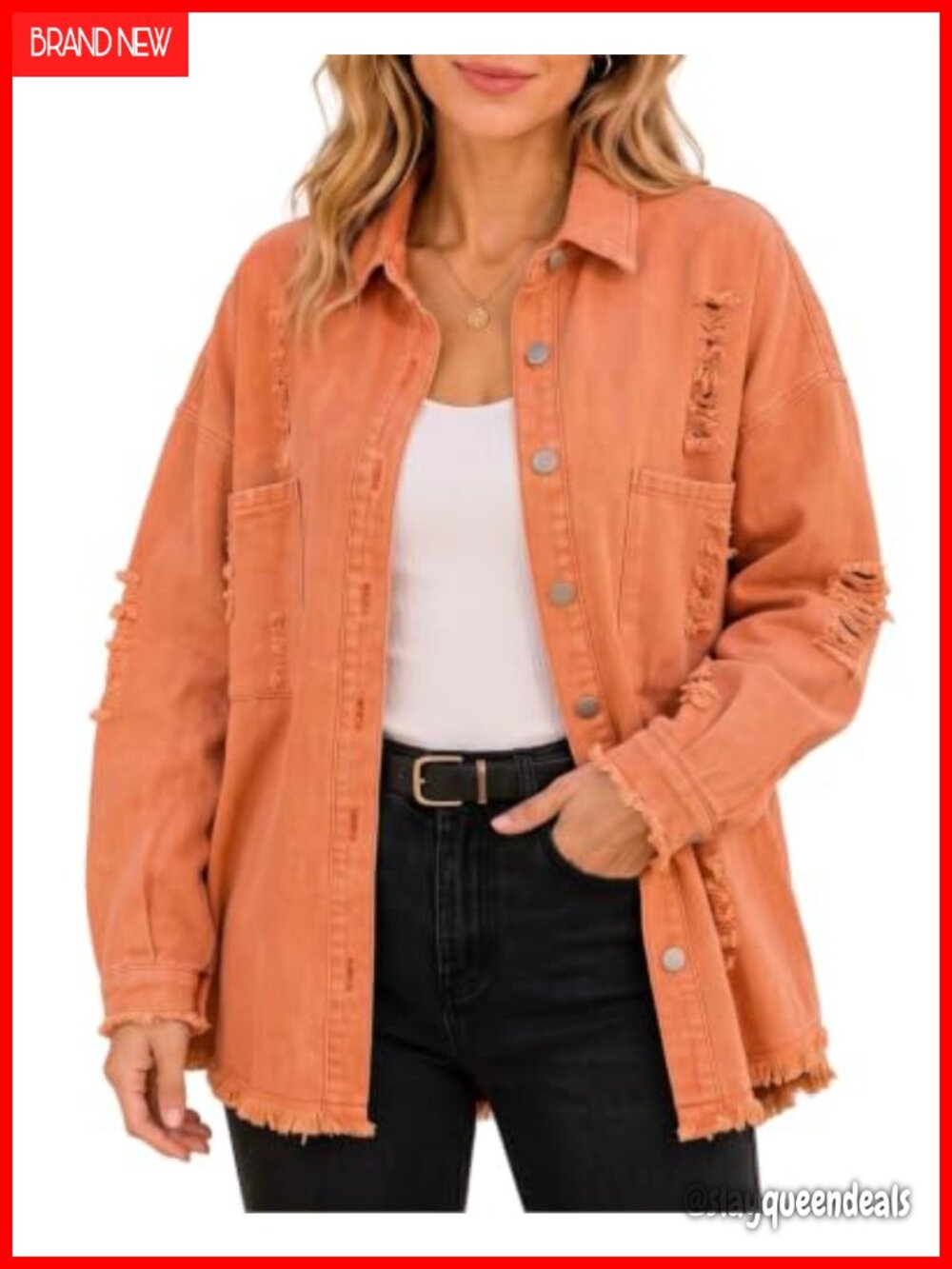 Oversized Washed Cotton Denim Shirt Jacket Distressed Frayed Hem Button Down